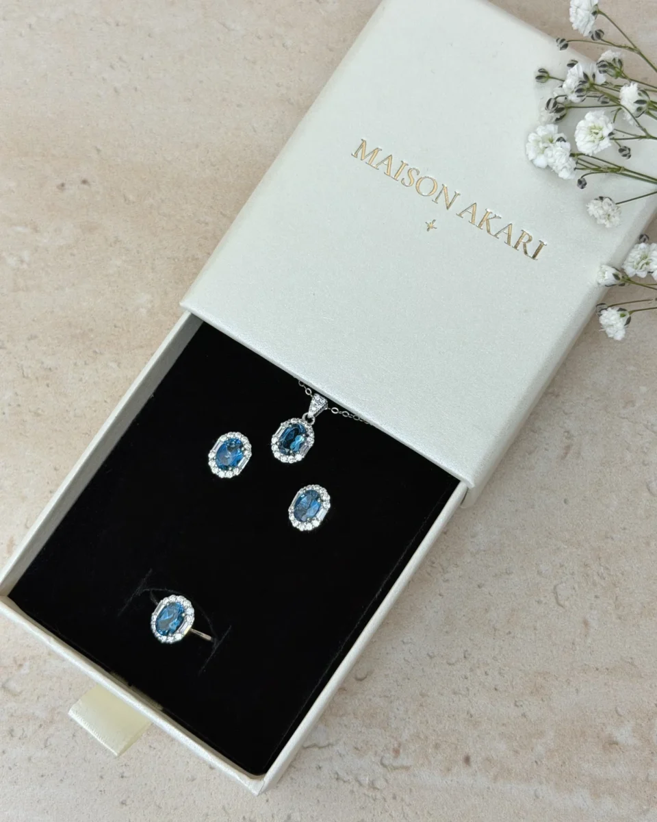 Set Topacio: collar, pendientes y anillo con topacio natural en su caja abierta – Maison Akari